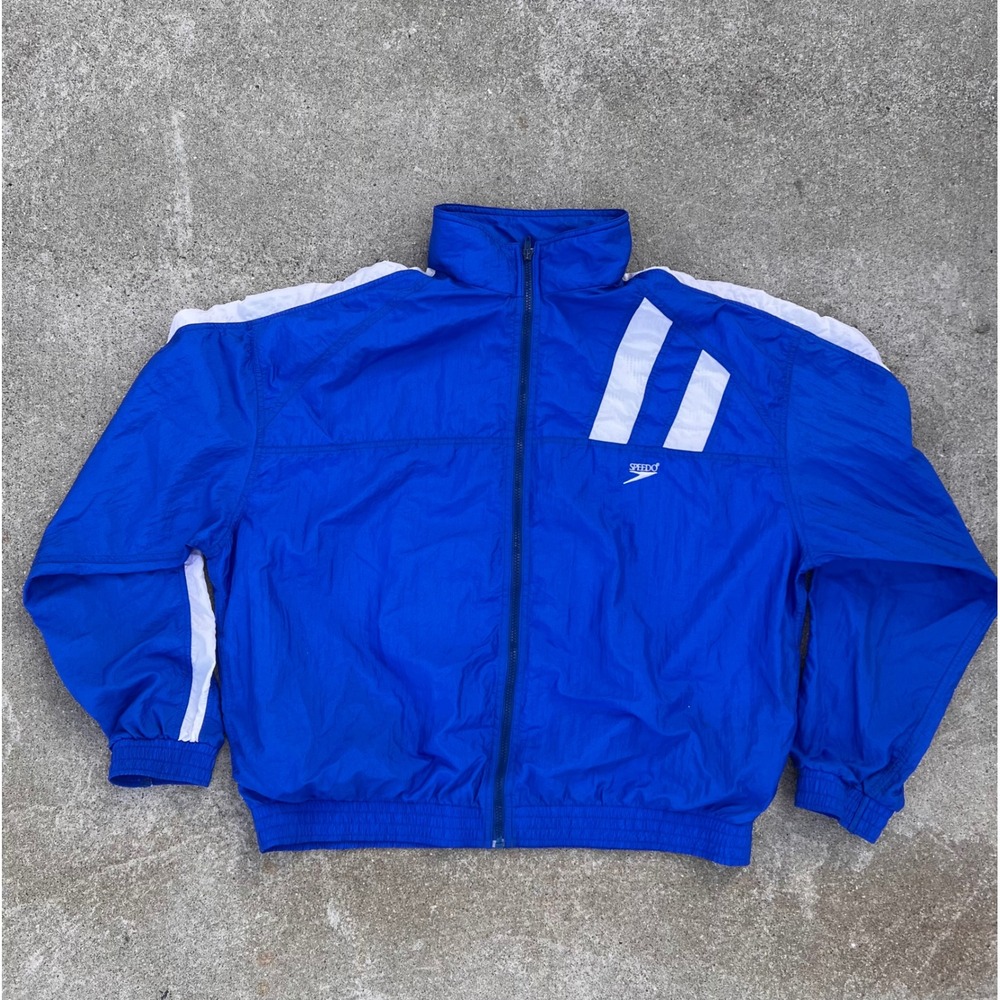 Speedo Mens Track Jacket Full Zip‎ Blue White Stripe Athletic Coat